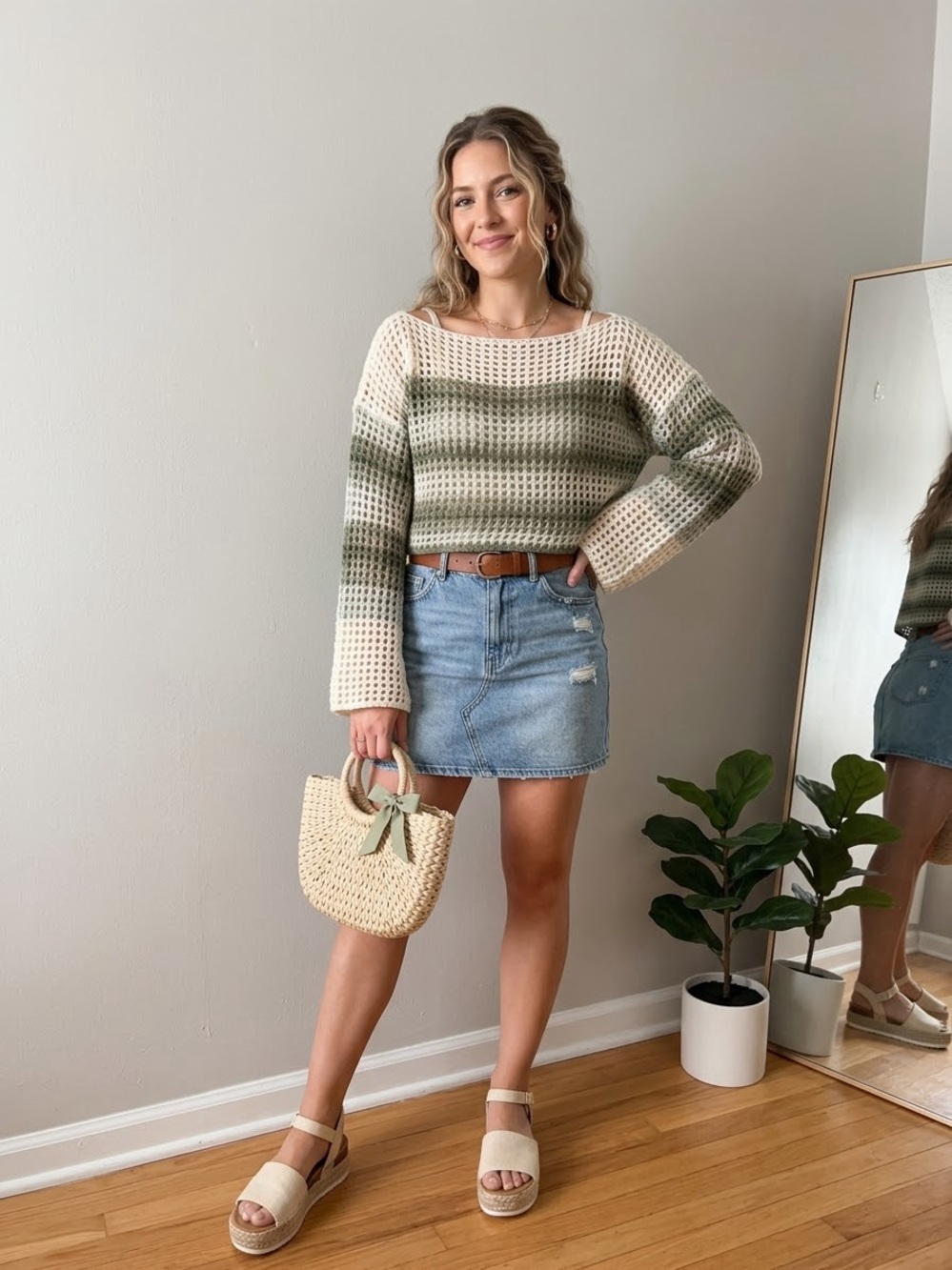 Open-Weave Striped Scoop-Neck Cropped Sweater in Olive & Cream